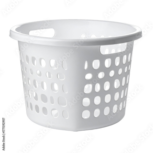 White plastic laundry basket with holes, simple design