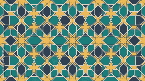 Geometric pattern with stars and polygons in teal gold and navy creating a tessellated design