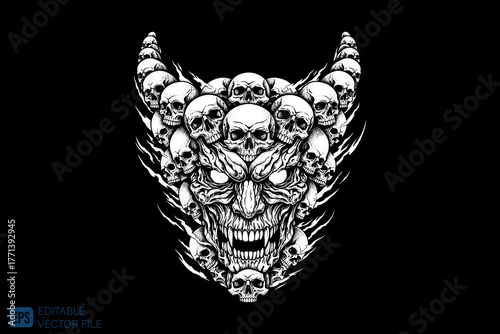 Demonic skull face with horns made of many skulls.