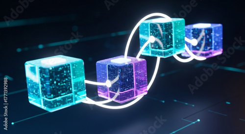 Three interconnected glowing cubes floating in a dark space, representing blockchain technology and data transfer modern technology