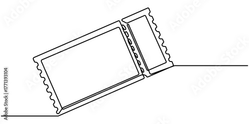 Continuous one line drawing ticket. Vintage ticket isolated on white background, outline vector illustration. 