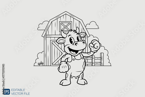 Happy Cartoon Cow Character Standing and Waving.