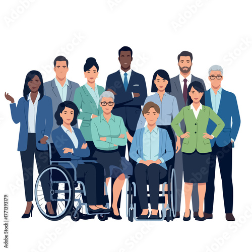 A diverse and inclusive group of business professionals standing together.