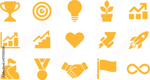 Motivation  silhouette  icon set. Vector pictograms of personal growth, goal setting, perseverance, achievement, rocket launching, teamwork, passion, thumbs up  silhouette vector illustration