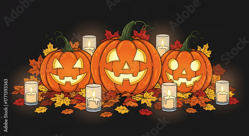 Halloween Jack-o-lanterns and candles with autumn leaves on a dark background
