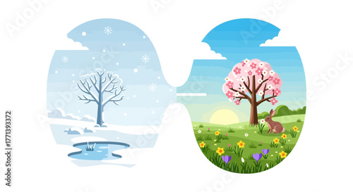 Seasonal changes from winter to spring represented by contrasting landscapes with a bare tree and a blossoming tree with a rabbit