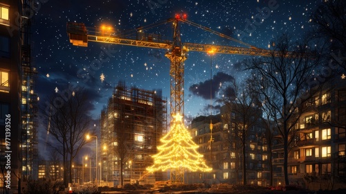 Christmas Tree Illuminated by Construction Crane in Urban Setting