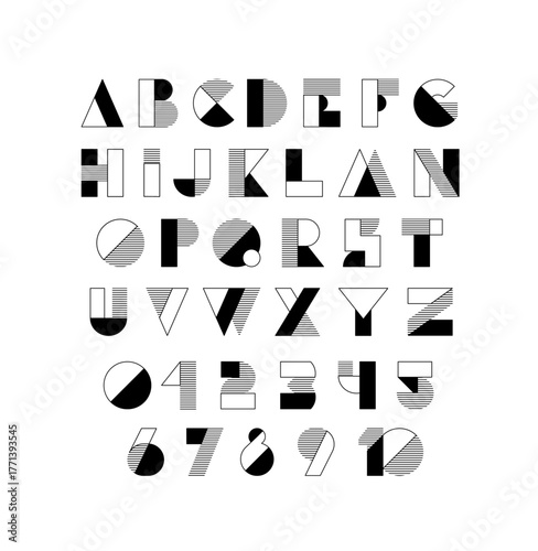 Typography font with geometric alphabet and numbers set. Modern abstract typeface design with letters in geometry style. Set of English characters and digits, vector illustration