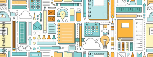 Back to school seamless pattern with study supplies and office stationery. Geometric poster of education and work concept with icons of pen, pencil, book, notebook, calendar and folders, vector illust