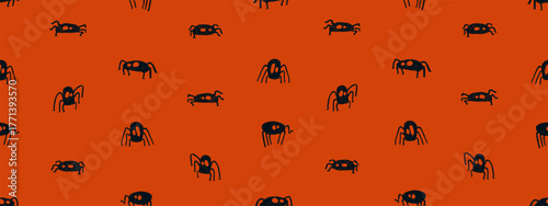 Halloween seamless pattern with bright spider silhouettes. Cute crayon elements for halloween spooky holiday decor. Doodle spider icons with charcoal texture, vector illustration