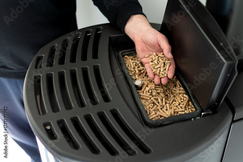 Pellet stove in a living room, energy