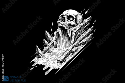 Monochromatic Skull Waterfall Illustration with Abstract Element