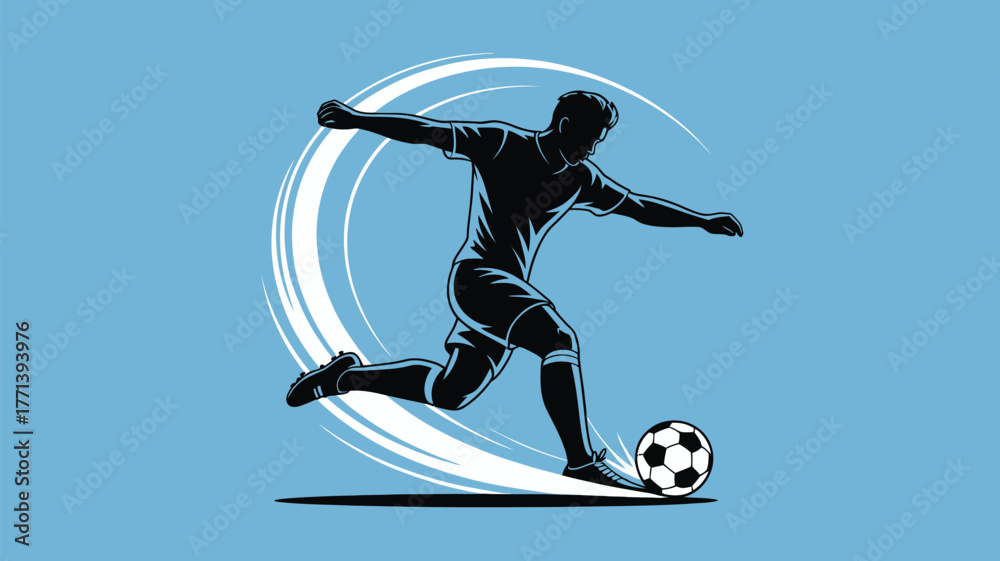 Fototapeta premium A stylized illustration of a soccer player kicking a ball with motion lines on a light blue background