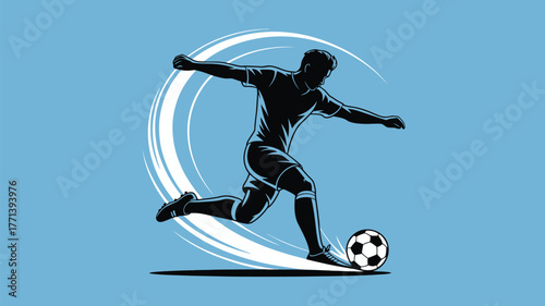 A stylized illustration of a soccer player kicking a ball with motion lines on a light blue background