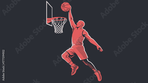 Illustration of a basketball player dunking the ball with a hoop in the background on dark gray