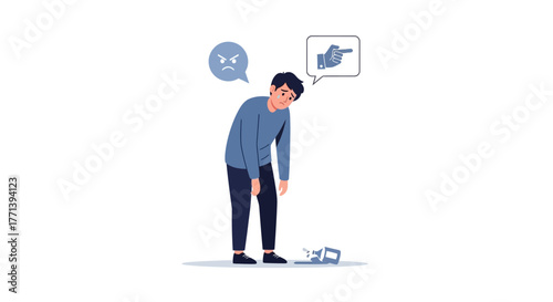 Illustration of a Disappointed Person with a Broken Item, Frustrated with a Thought Bubble