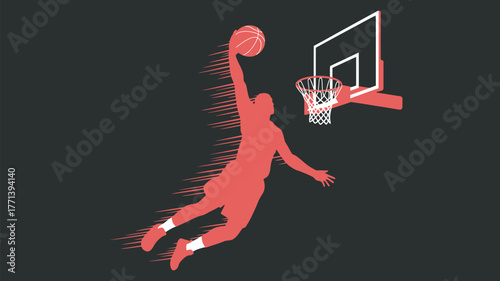 Silhouette of basketball player dunking with red basketball hoop on a dark gray background art