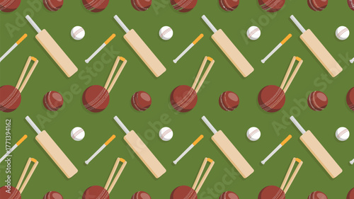 A seamless pattern of cricket equipment including bats balls wickets and stumps on green background