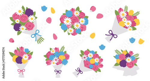 Floral vector graphics set with cartoon colorful bouquets and petals design
