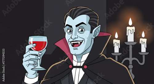 Happy Vampire with a Glass of Red Wine Toasting and Smiling
