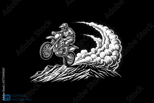 Dynamic Motocross Rider Leaping Over Mountainous Terrain with Du