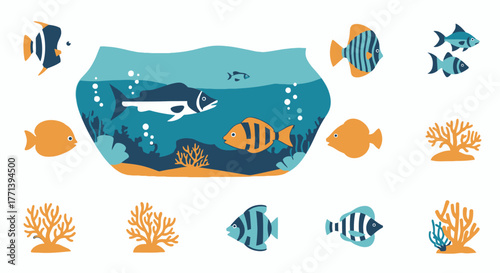 Cheerful underwater world featuring diverse tropical fish species and coral