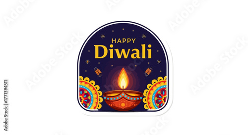 Happy Diwali greeting sticker with a traditional lit diya oil lamp and colorful ornamental design for the Hindu festival of lights celebration
