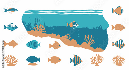 Underwater life with fish and coral set flat cartoon illustration