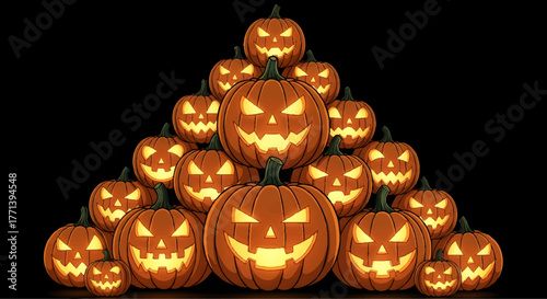 Spooky pyramid of jack-o-lanterns for Halloween celebration