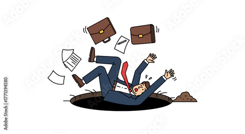 Businessman falling into a hole with briefcases and papers scattered around him