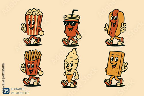 Retro Cartoon Fast Food Characters Walking with Peace Signs.