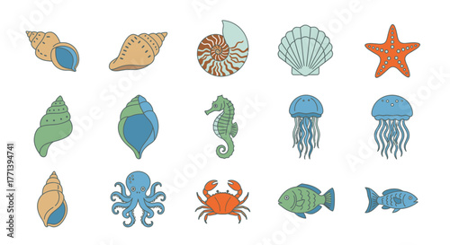 Charming Aquatic Life Vector Collection Marine Creature Icons Set