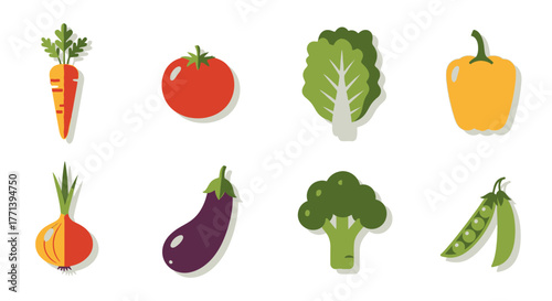 Flat Style Vegetables Collection Icon Set Isolated on White Background