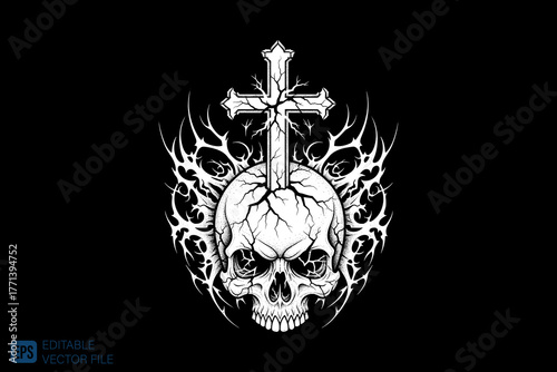Skull and Cross with Tribal Wings Vector Illustration.