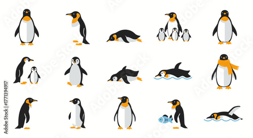 Various Poses of Adorable Cartoon Penguins On White Background