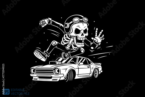 Skeleton Racer with Classic Muscle Car Cartoon Illustration.