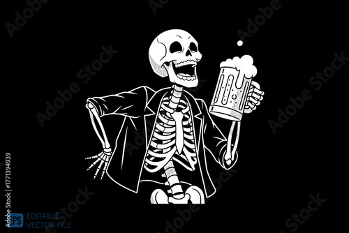 Happy Skeleton Enjoying a Refreshing Beer in a Lively Celebratio