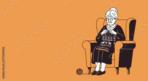 Knitting illustration showcases elderly woman in armchair. Woman knitting with yarn is a calming image of home life and domestic craft.