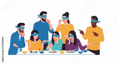 Blind taste test with people wearing blindfolds and tasting food at table. Blind taste test event shows how people enjoy trying and guessing what flavor is.