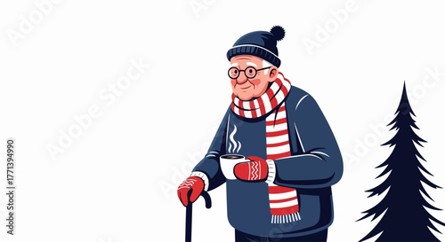 Winter scene featuring senior man with coffee, dressed warmly and standing outdoors. This winter scene captures elderly man holding steaming cup near snowy trees, bundled in hat and scarf.