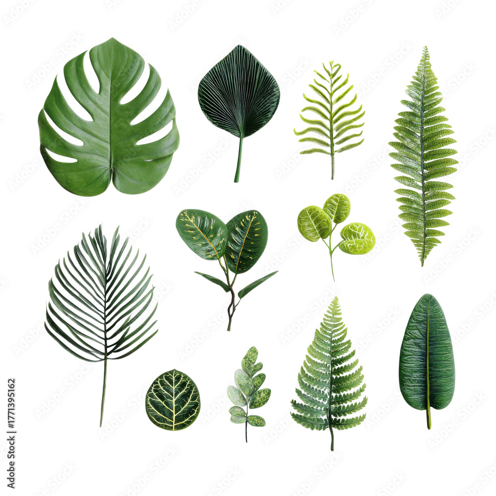 Obraz premium Creative display of various green leaves against a white background highlights their unique shapes and textures