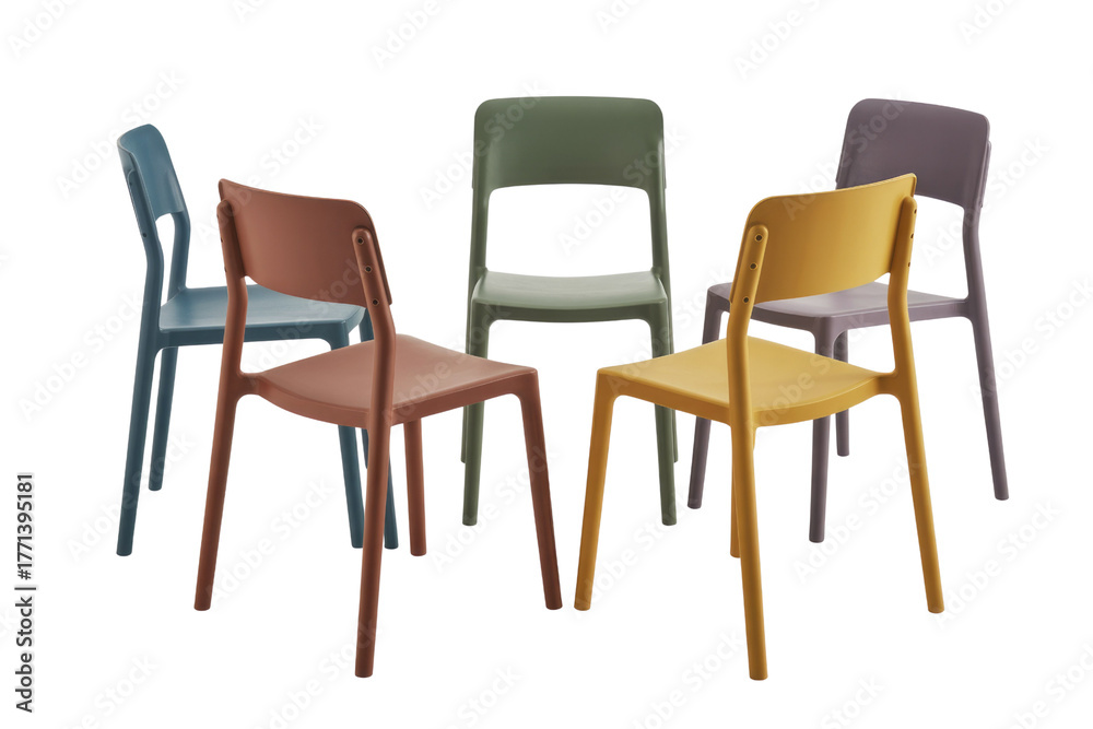 Obraz premium A collection of five modern, colorful plastic chairs in blue, terracotta, sage, yellow, and purple, arranged in a circular formation. background removed