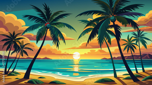 Very beautiful palm tree silhouettes along a tropical beach in Punta Cana, Dominican Republic, with golden sunset light reflecting on calm turquoise waters, creating a peaceful and exotic Caribbean 