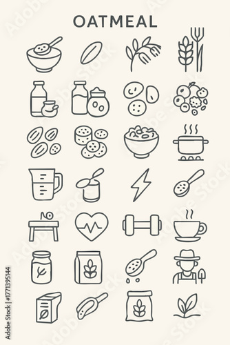 Outline Icon Set Representing Oatmeal, Healthy Eating, Breakfast, and Ingredients Including Grains, Milk, Cooking, and Fitness Symbols.