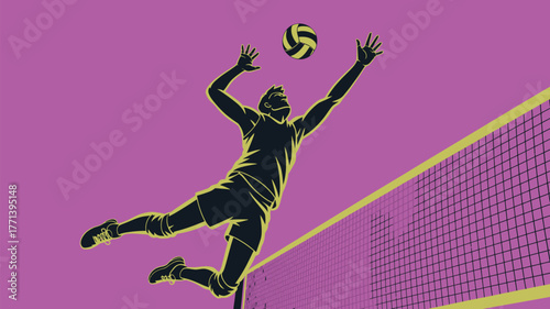 Silhouette of volleyball player spiking ball over net on purple and yellow background illustration style