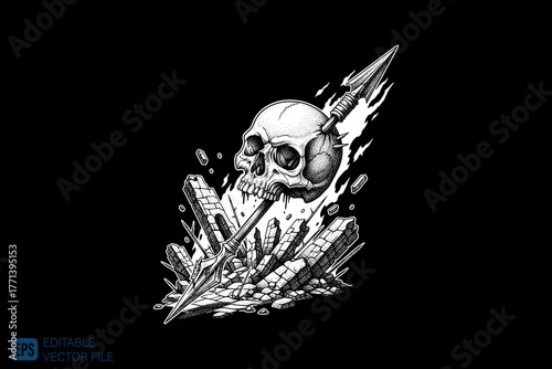 Skull with missiles and debris in a dynamic monochrome illustrat