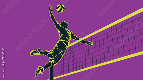 Silhouette of volleyball player spiking the ball over net on purple background illustration style design