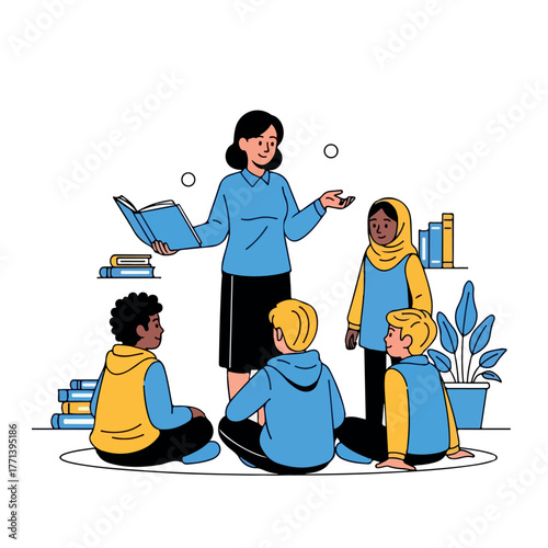 Female teacher reading a storybook to a diverse group of children.