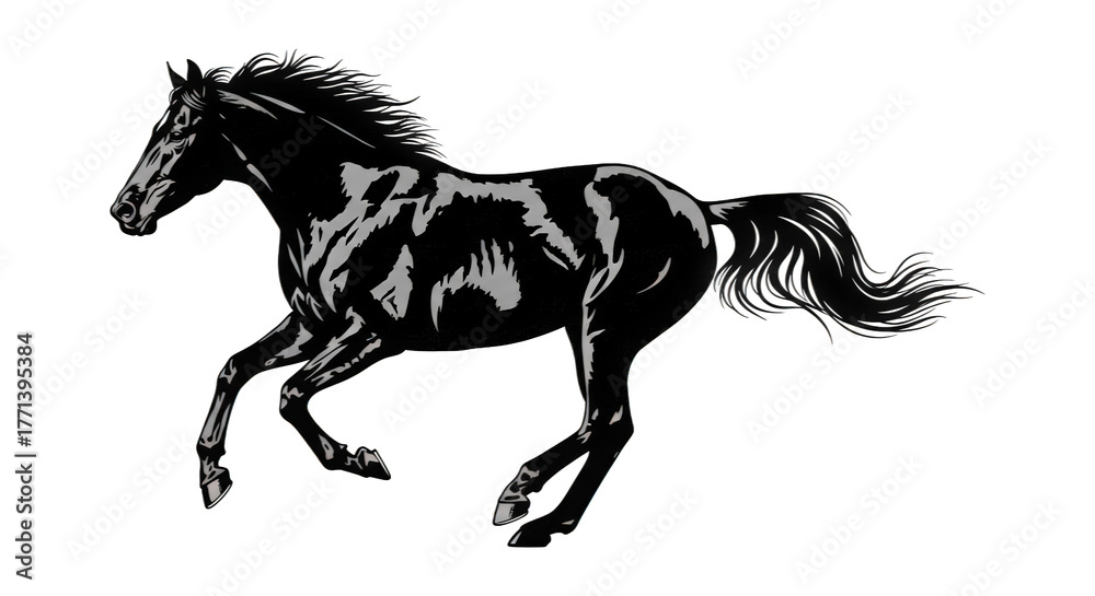 Obraz premium Majestic Black Horse Galloping Across Open Fields Under a Starry Sky