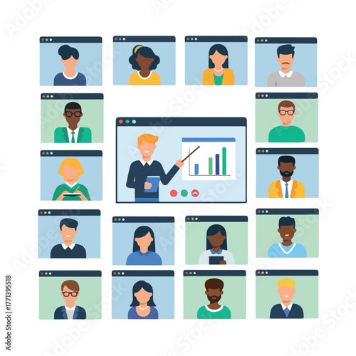 Diverse group of people on a video conference call for business meeting or online learning.